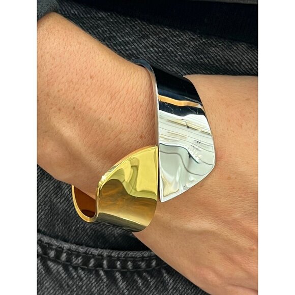 Ash Gold-Silver Tone Stainless Steel Cuff Bracelet - Sculptural Modern Bracelet - Picture 1 of 4